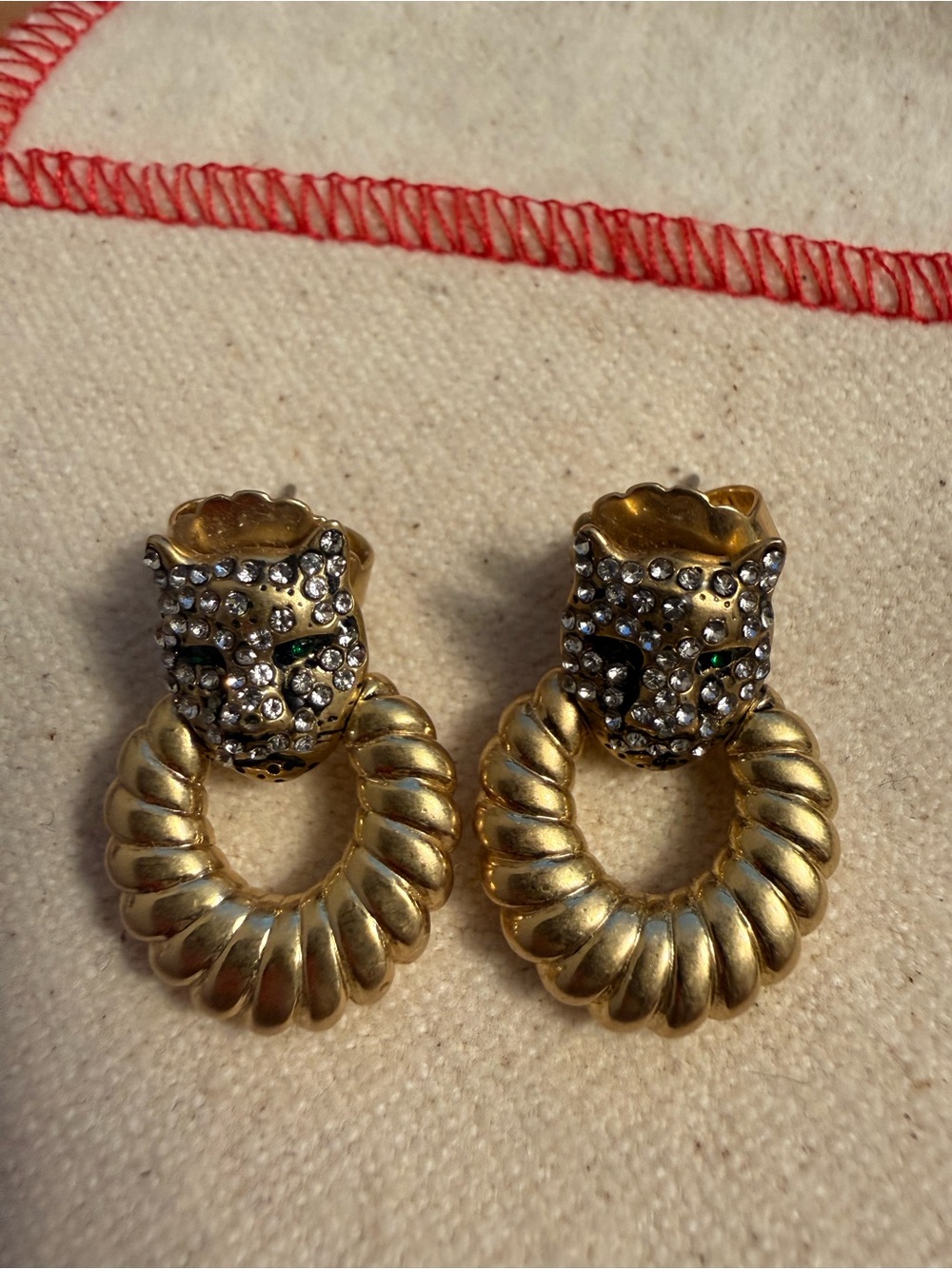 Clare V Gold-Tone Leopard Hoop Earrings with Clear Crystals and Green Eyes